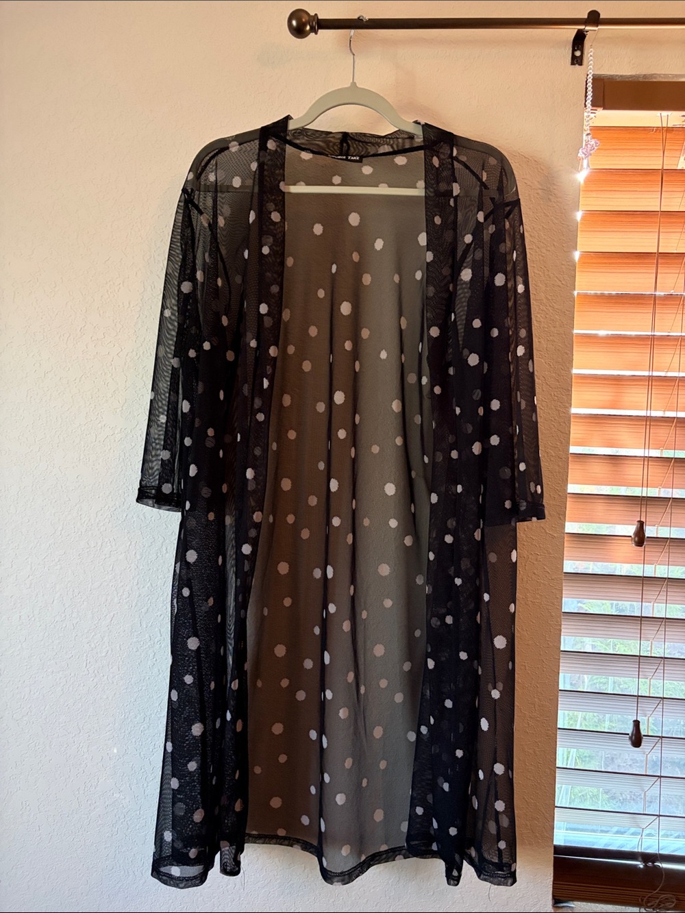 Double Take Black Sheer Mesh Polka Dot Duster Cardigan Kimono